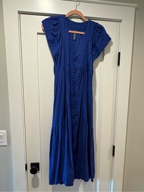 Anthropologie Renee Flutter Sleeve Linen Cobalt Blue Button-Front Dress SMALL